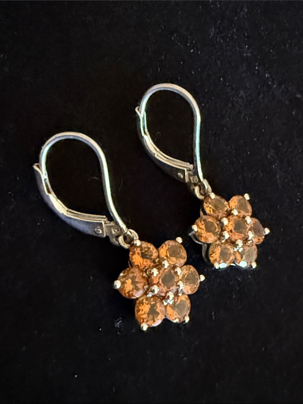 Sterling Silver Floral Drop Earrings with Orange Cubic Zirconia Stones